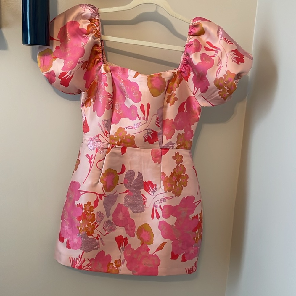 Pink and Orange Multi Floral Jacquard Puff Sleeve Mini Dress - Picture 11 of 11